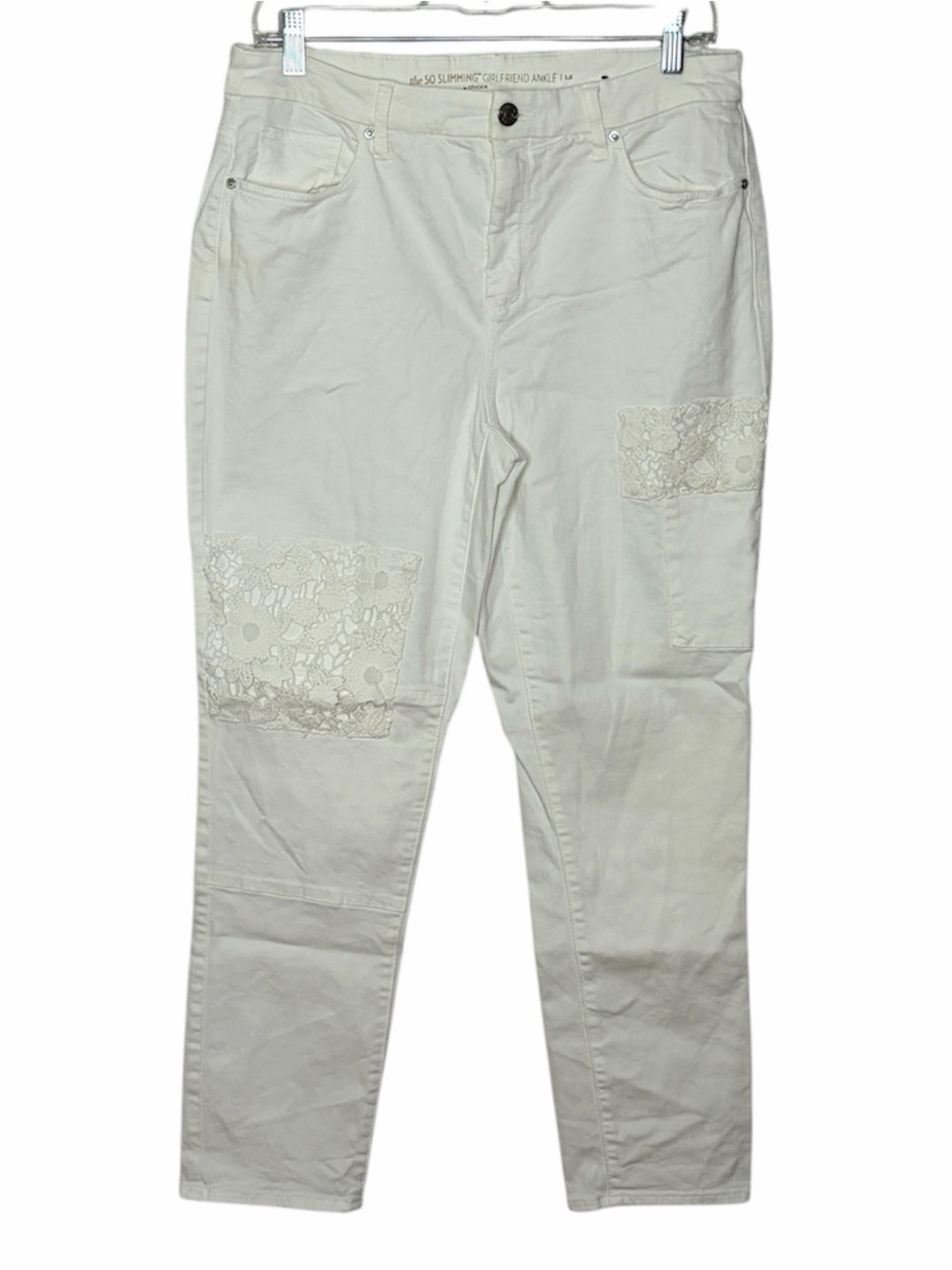Chico’s The So Slimming Girlfriend Ankle Jean Lace Patchwork Detail Womens 10